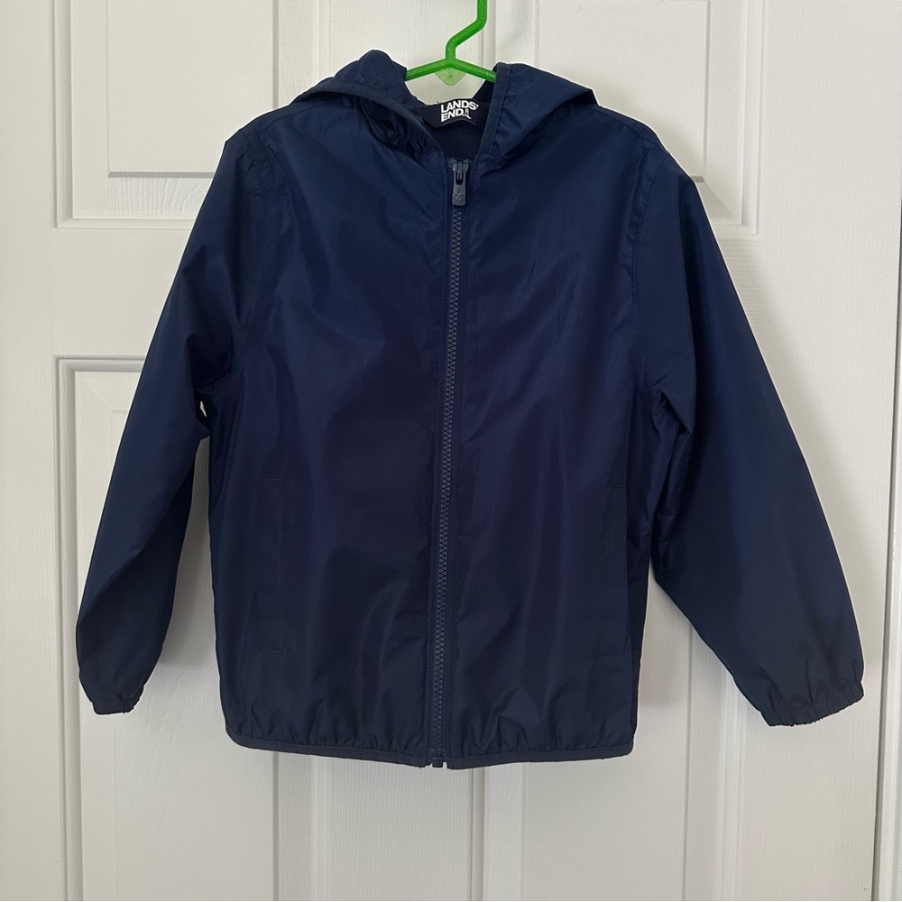 Lands' End Navy Blue Packable Rain Jacket Coat Boy Girl Sz XS 4-5